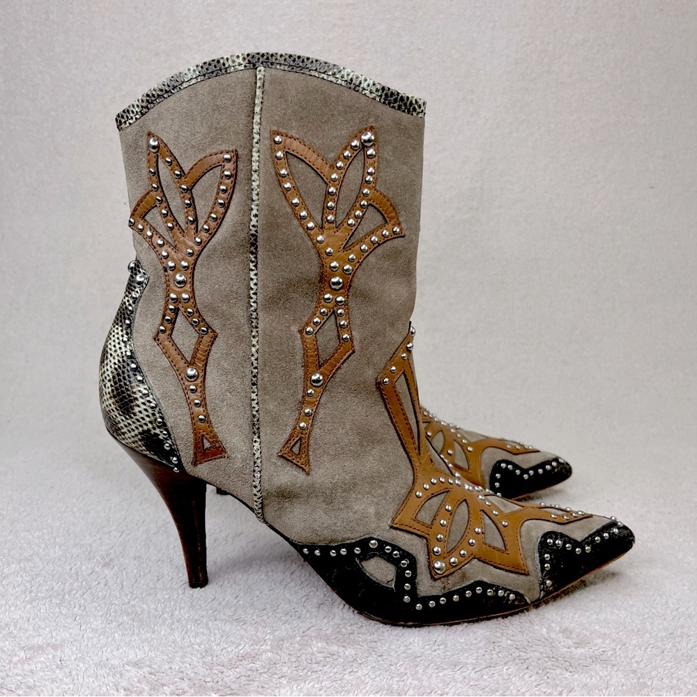 Donald J Pliner Suede/Leather/Snake Western Heeled Booties-Brown/Tan-Women’s 9